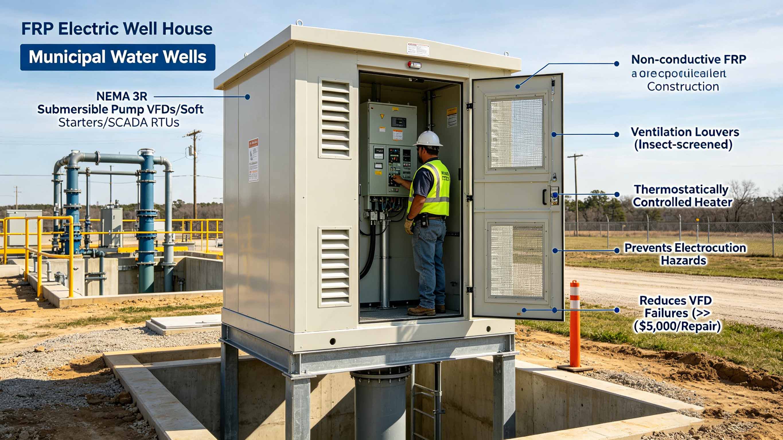 Casa de poço elétrico de fibra de vidro GFRP FRP para proteção de equipamentos elétricos de poços de petróleo e gás FT-EWH1