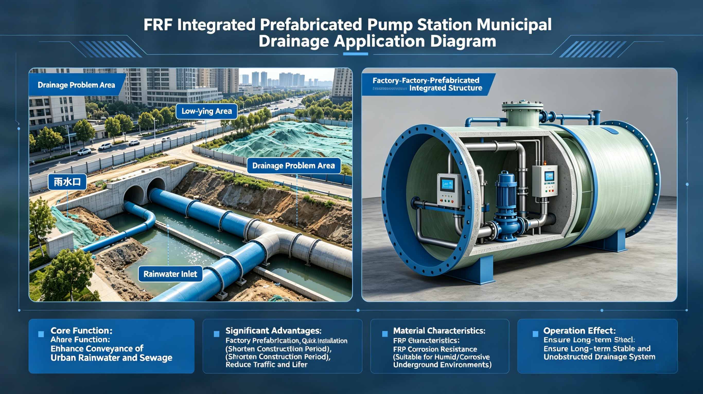 Fiberglass GFRP FRP Integrated prefabricated pumping station for Municipal drainage field FT-PPS3