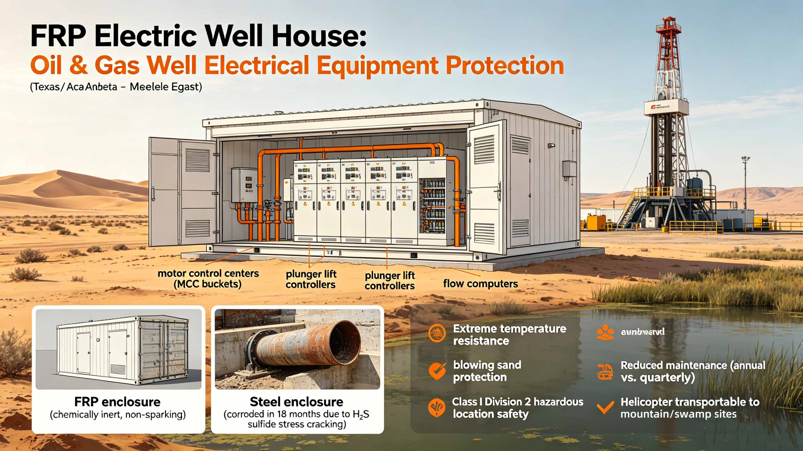 Casa de poço elétrico de fibra de vidro GFRP FRP para proteção de equipamentos elétricos de poços de petróleo e gás FT-EWH1