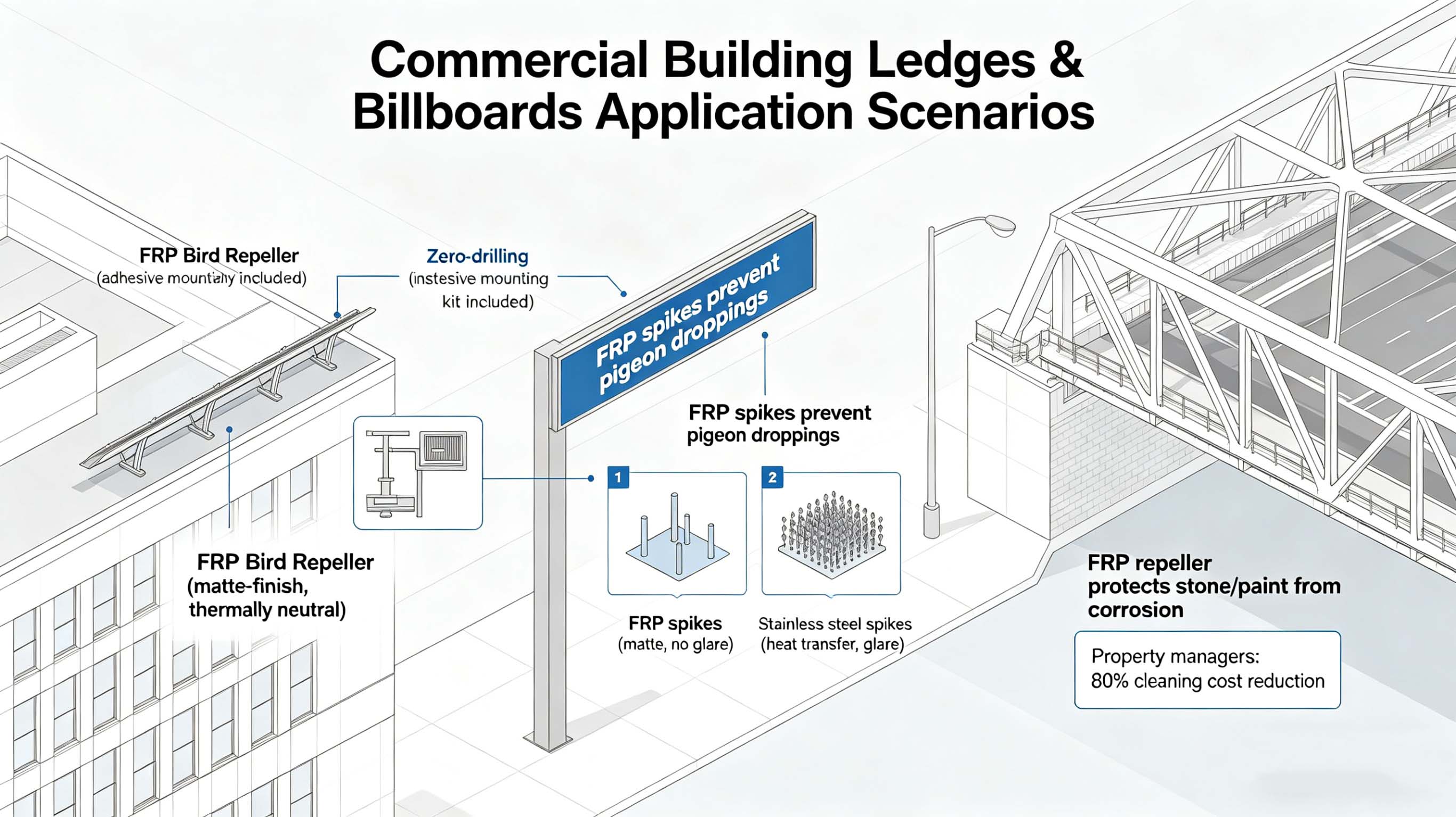 Desviador repelente de pássaros de fibra de vidro GFRP FRP para linhas de energia e fazendas solares FT-BR1