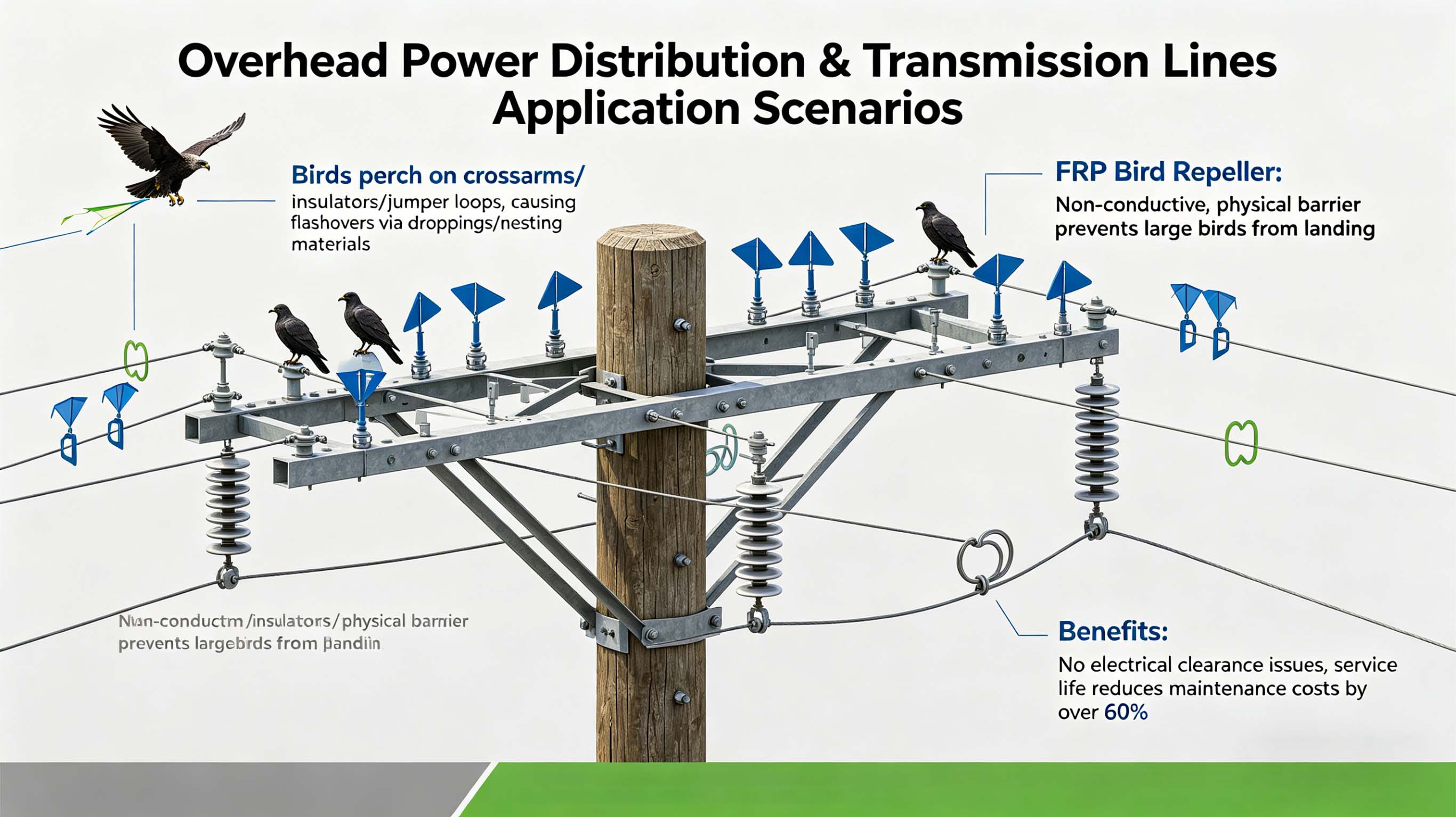 Desviador repelente de pássaros de fibra de vidro GFRP FRP para linhas de energia e fazendas solares FT-BR1